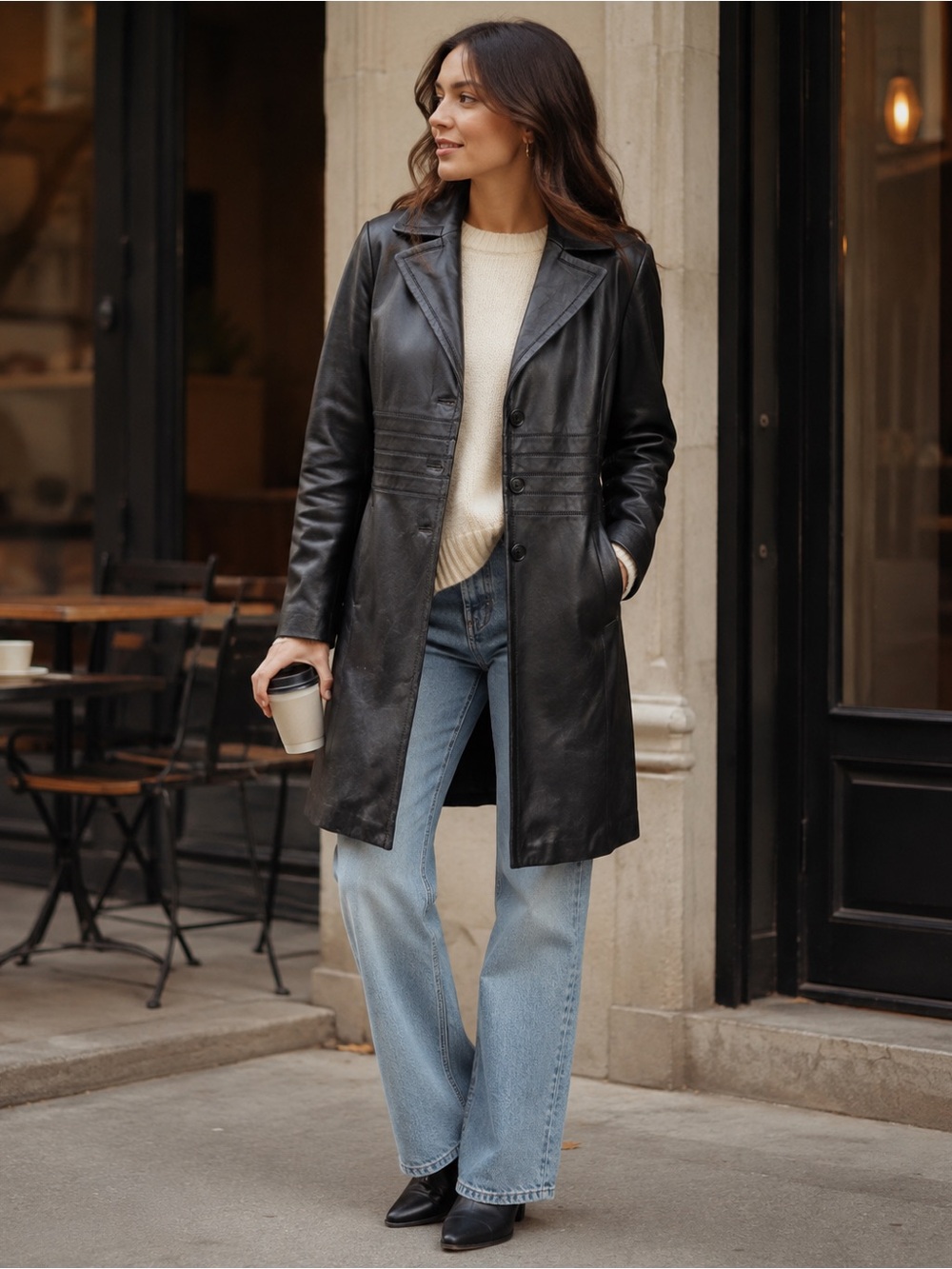 Long Leather Jacket Trench Vintage Y2K Size Medium